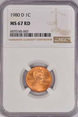 1980 D Lincoln Memorial Cent NGC MS 67 RD Gem Coin 1C - Image 1 of 2