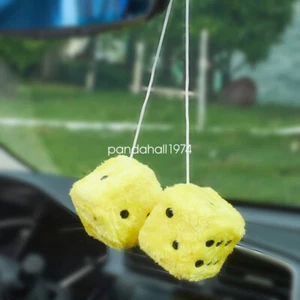 1 Pair Auto Yellow Fuzzy Dice Front Car Plush Hanging Rearview Mirror Decors - Picture 1 of 5