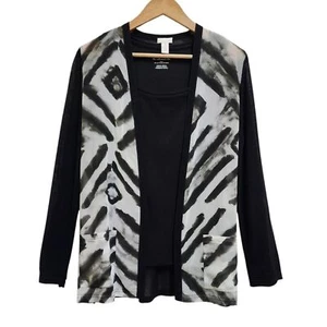 Chico's Cardigan Top Set Women L Black White Zebra Print Sheer Open 2 Pc Pockets - Picture 1 of 11