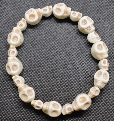 White Howlite Kallaite Skulls Handmade Stretch Bracelet 7.5" Halloween Punk Gift - Image 1 of 3