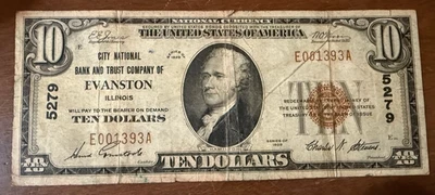 1929 10$ National Bank Note From The City National Bank Of Evanston, Illinois - Image 1 of 2