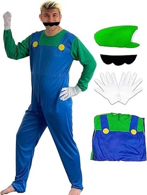 Luigi Bros Halloween Costume Cosplay Hat Gloves Mustache Adult Men's Small - Image 1 of 3