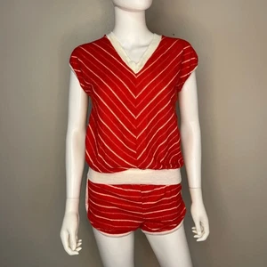Vintage 1970s Red and White Stripe Terrycloth Top and Shorts Set 70s 80s Small - Picture 1 of 11
