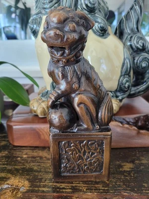 Vintage Asian Bronzed Iron Heavy Foo Dog Statue - Image 1 of 4
