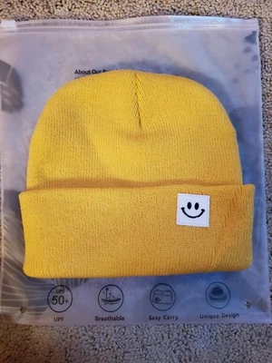 Baby Beanie for Kids, Mustard Yellow, 2-6yrs Smiley Face Design Stretchy Toddler - Image 1 of 2