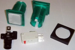 5x ARCADE 25mm SQUARE pushbutton with LED wedge light - GREEN - (in) - Picture 1 of 1