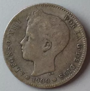 1900 Spain Una Peseta - Better Grade Silver Coin - FREE SHIP - Lot 190a - Picture 1 of 2