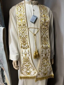 STOLA MARIANA ROMANA BIANCA Per Sacerdote Ricamata Seta Moiré - Made In Italy - Foto 1 di 8