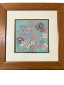 Framed Fiber Art By Cheri Green Using Dryer Lint Flower Garden Wooden Frame - Picture 1 of 5