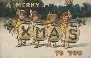 Postal de Navidad BB Londres lindas niñas con linternas japonesas c1910 - Imagen 1 de 2