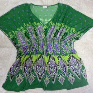 Jon & Anna Women's 3XL Shirt Short Sleeve Blouse Green Purple Flutter Stretchy - Picture 1 of 8
