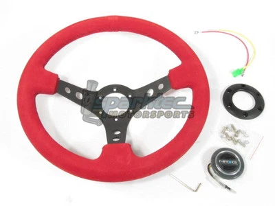 Volante deportivo de gamuza NRG 350 mm 3" rojo profundo con puntada negra y centro plateado Foto 1 de 4