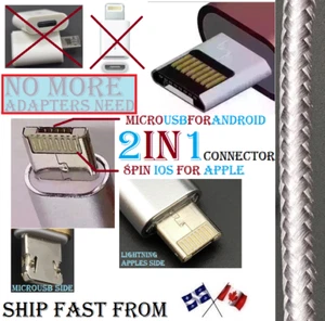 #1 FIRST 2in1 DUAL 8pin MicroUSB Cable Cord For iphone ios Micro USB Android pin - Photo 1 sur 3