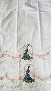 Vintage Peacock/Floral Hand Embroidered/Crocheted Pillowcases