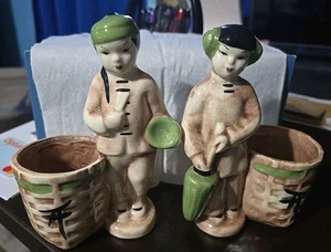 Vintage 1960er Cal Dania Keramik Geisha Mädchen & Junge Paar asiatische Übertopf 5 3/4" - Bild 1 von 18