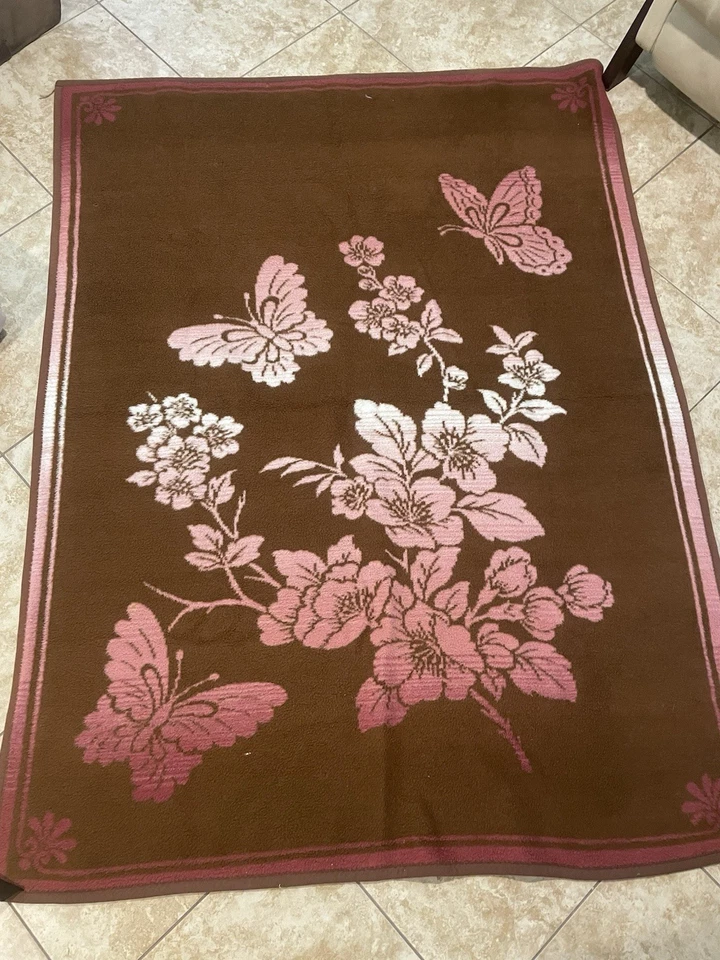 Ibena Dolan Butterfly Floral Blanket Pink Brown  Reversible Acrylic Blend TWIN - Image 1 of 4