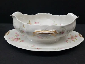 Theodore Limoges Haviland Pink Roses Gravy Boat Dbl Handled Gold Gilt France - Picture 1 of 11