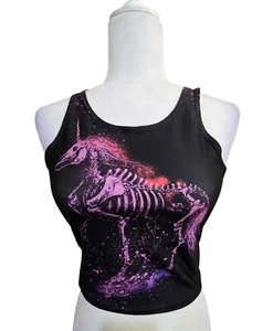 Lewis Mayhem Womens Crop Tank Top Sz M Black Unicorn Skeleton Goth Magic Cute - Picture 1 of 12