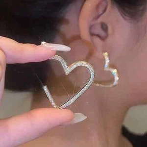 Round Cut Lab Created Diamond Heart Shape Hoop Earrings In 14k YellowGold Plated - Picture 1 of 8