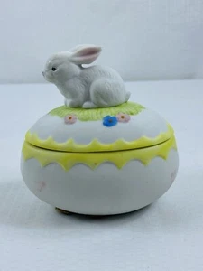 Lefton China 1990 Hand Painted Bunny Rabbit  Egg 3.5” Long Trinket Box - Picture 1 of 8