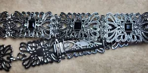 Coldwater Creek Marcasite w/ Black Glass & Rhinestone Buckle Silver Chain Belt - Picture 1 of 7