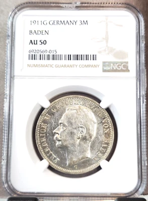 1911 GERMANY SILVER 3 MARK BADEN FREDERICK II NGC AU 50 RARE LOW MINTAGE - Image 1 of 3