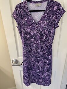 Athleta faux wrap purple floral dress MT Medium Tall Cap Sleeve Athleisure EUC