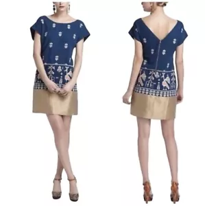 Abito Anthropologie Floreat Avian Myth Shift blu oro uccellini donna taglia 6 - Foto 1 di 9