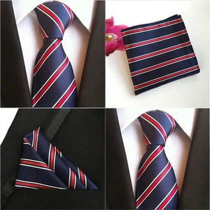 Mens Red White Stripe Navy Blue Tie Match Hanky Pocket Square Set Lot HZ101 - Picture 1 of 4