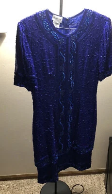 Stenay 复古 80 年代礼服皇家蓝色 100% 真丝珠条纹锁眼背面 10 码 — 第 1/4 张图片