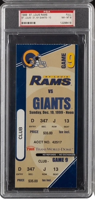 St. Louis Rams vs Giants FULL UNUSED CLUB Ticket 12/19/99 PSA NMT-MT 8 1999 LA . - Image 1 of 1