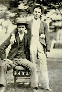 Two men embracing in summer garden 4x6 reprint early 20th Century - Picture 1 of 1