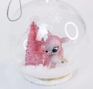 Weihnachtsbaum Schneekugel rosa Reh Hirsch Glas Ornament Retro Stil - Bild 1 von 7
