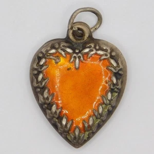 VICTORIAN PUFFY HEART CHARM STERLING SILVER AND ORANGE ENAMEL - Picture 1 of 4