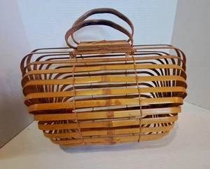 Vintage Japanese Bamboo Fish Basket Cage Folding Accordion Purse - Picture 1 of 15