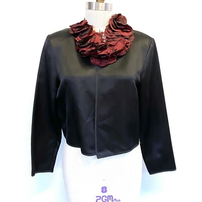 Maria Pinto Couture Black Red Rose Petal Collar Silk Dress Jacket Bolero Sz 2 - Image 1 of 4