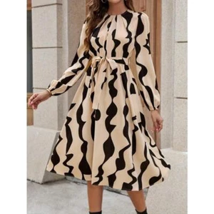 New Elegant Women Print Dress Casual Fashion Round Neck Long Sleeve Dress - Picture 1 of 5