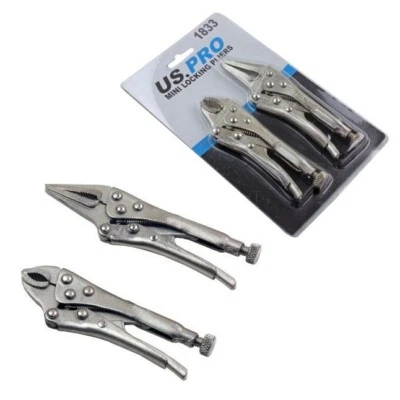 MINI LOCKING PLIERS SET by US PRO TOOLS 110mm Curved Jaw 125mm Long Nose Clamp