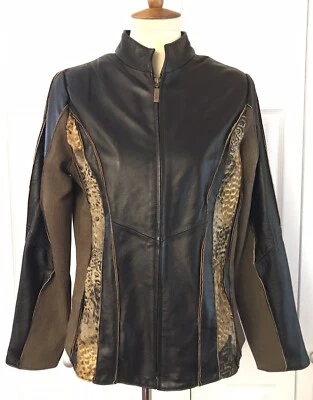 Koos Of Course! Black Leather Coat Jacket Size M w Tweed & Animal Print, Zip Up - Image 1 of 4