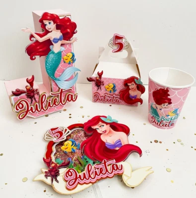 Custom Ariel Birthday Party Set: Cake Topper, 3D Letter, Set of 12 Favors & Cup - Image 1 of 4