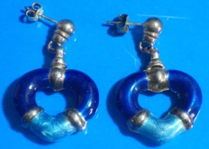 Sterlingsilber 925 Emaille dunkel & hellblau schwer 12g dicke Ohrringe 1 5/8" - Bild 1 von 4