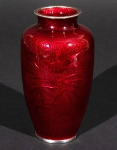 Japanese Akusake Pigeon-blood Ginbari Foil Vase With Bird & Bamboo Motif 7.25" - Picture 1 of 11