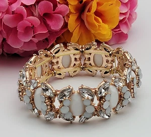 Rose Gold Tone Stretch Bracelet 6.5" White Clear Rhinestone Beaded Statement - Picture 1 of 5