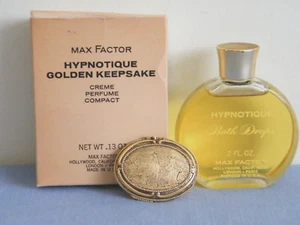 Vintage Max Factor Hypnotique Golden Keepsake Perfume Compact & 2 oz. Bath Drops - Picture 1 of 8