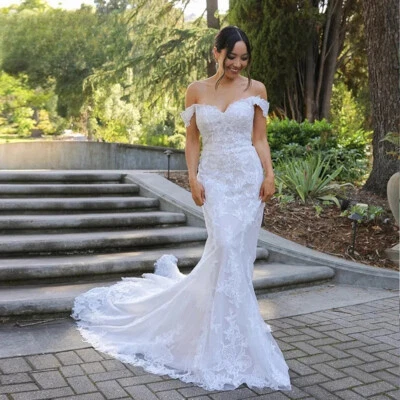 Charming Mermaid Wedding Dresses Off Shoulder Appliques Backless Bridal Gowns US - Image 1 of 4
