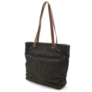 CHANEL Stitch CC Logo Tote Shoulder Bag Black Denim Brown Leather Handbag Auth - Picture 1 of 9