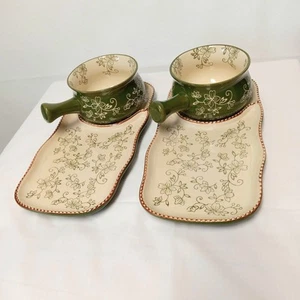 Temptations By Tara Soup 2 Bowl 18 oz & Sandwich Dish Green Floral Lace Ovenware - Picture 1 of 19