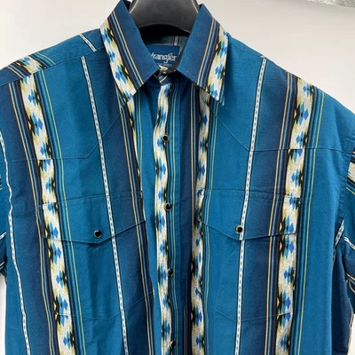 Wrangler Western Shirts Men Large Turquoise Geometric Stripe Aztec Pearl Snap - Image 1 of 4