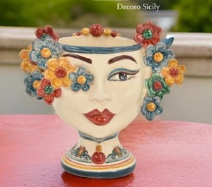 Vasi Testa di Moro Donaa con Fiori in Ceramica Siciliana Caltagirone  Vaso Teste - Imagen 1 de 4