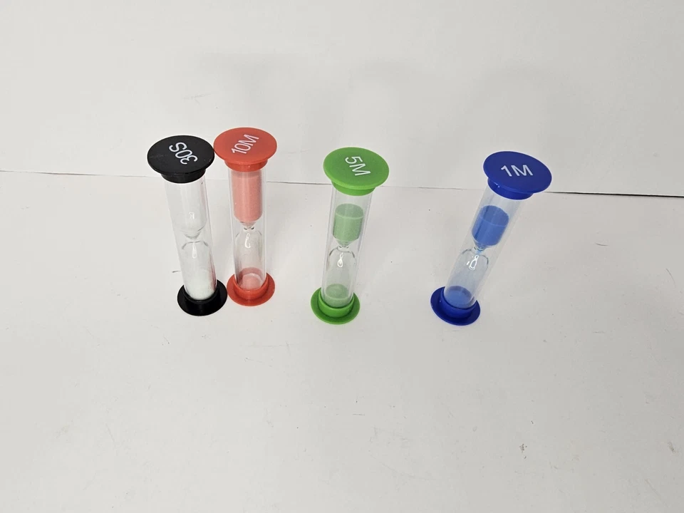 批量 4 件 塑料沙漏、沙子计时器、游戏件,30 年代、1,5,10 分钟 — 第 1/1 张图片